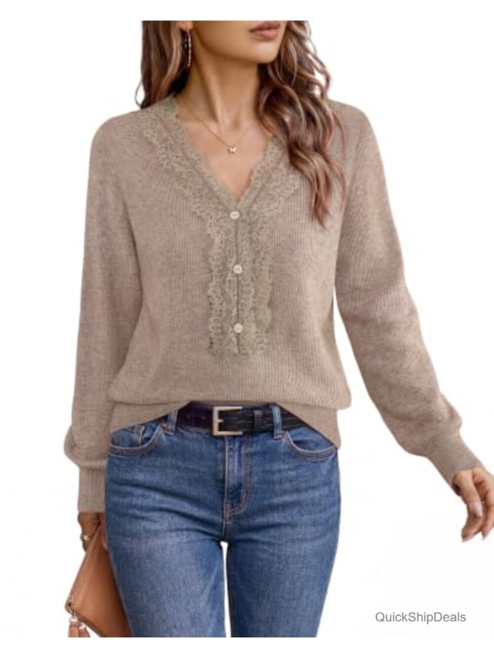 Lace Trim V-Neck Long Sleeve Sweater Pullover Work Casual